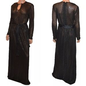 Mollie Parnis Boutique Vintage 1970s Black Sequin Disco Maxi Dress sz 10
